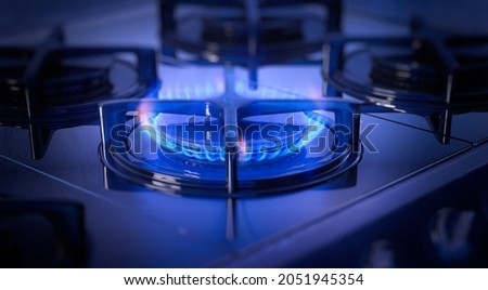 Energy crisis: Natural gas prices in Europe hit record. Natural gas cooker burning flames of methane gas. Domestic kitchen stove closeup 3D shot of blue fire. Fuel economy, EU industrial energy crunch