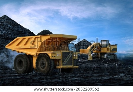 Power crisis as coal demand outstrips supply. Coal prices may have reached peak. Open pit mine with heavy equipment - dump truck, excavator. Extractive energy industry, coal mining 3D illustration Imagine de stoc © 