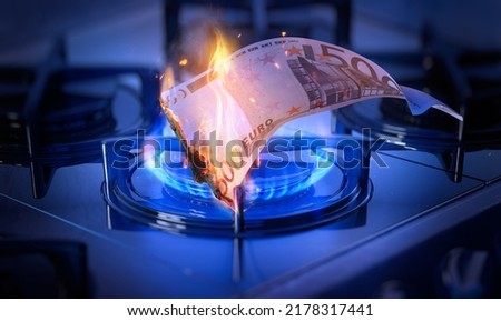 Energy shortage crisis: Natural gas prices in Europe hit record. Natural gas cooker and burning euro money bill. Domestic kitchen stove, 500 euro on fire. Fuel economy, EU industrial energy crunch, 3D Сток-фото © 