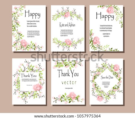 Set of postcards with pink flowers and green leaves. Vector illustration. Decorative invitation to the holiday. Wedding, birthday. A universal card.Pink roses .
