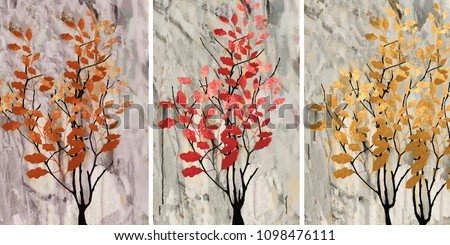 Collection of designer oil paintings. Decoration for the interior. Modern abstract art on canvas. Autumn.