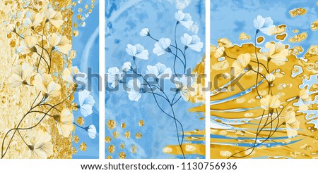 Collection of designer oil paintings. Decoration for the interior. Modern abstract art on canvas. Set of pictures with different textures and colors. Blue and gold.