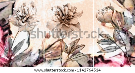 Collection of designer oil paintings. Decoration for the interior. Modern abstract art on canvas. Set of pictures with different textures and colors. Pink peonies.