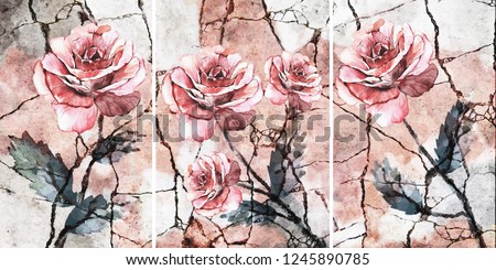 Collection of designer oil paintings. Decoration for the interior. Modern abstract art on canvas. Set of pictures with different textures and colors. Pink rose.