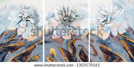 Collection of designer oil paintings. Decoration for the interior. Modern abstract art on canvas. Set of pictures with different textures . White peonies.