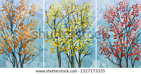 Collection of oil paintings. Decoration for the interior. Modern abstract art on canvas. Set of pictures. Tree with red leaves.
