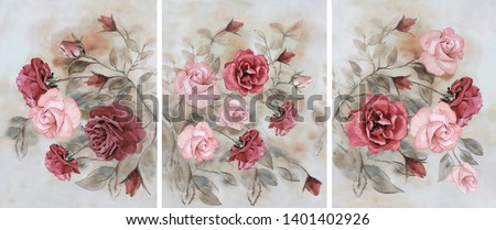 Collection of designer oil paintings. Decoration for the interior. Modern abstract art on canvas. A set of paintings with red roses.