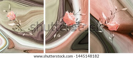 Collection of designer oil paintings. Decoration for the interior. Modern abstract art on canvas. Set of paintings with pink roses.