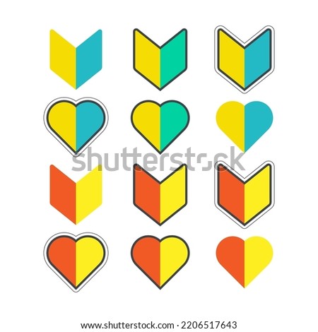 Japanese symbol for beginner new drivers. A yellow blue and green shield symbol, heart shape, called a Shoshinsha  Wakaba mark.
