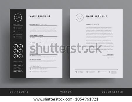 Professional CV resume template design and  letterhead / cover letter - vector minimalist - black and white