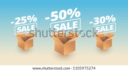 Sale banner - opened package boxes with sale discounts - 50% off, 25% off, 30% off sale vector