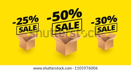 Sale banner yellow background package boxed and sale discounts - 50% off, 25% off, 30% off sale vector