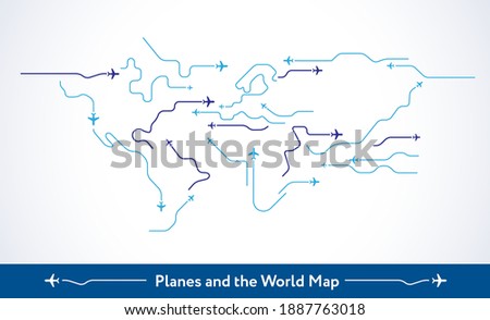 Airplanes fly over the world map - abstract minimal vector background. Conceptual line art - flying planes routes illustration. Blue lines and airplane icons on white background