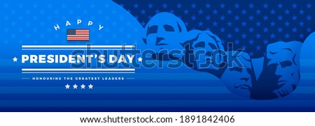 Presidents Day banner blue background vector illustration with lettering Happy President's Day and Rushmore USA presidents