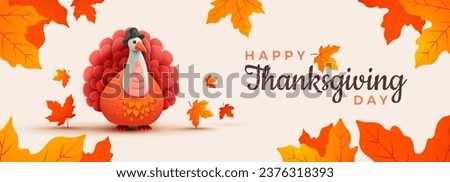 Happy Thanksgiving Day banner with Thanksgiving turkey cute cartoon style and fall foliage - horizontal background perfect for social media and greeting cards