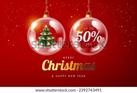 Merry Christmas sale promotion poster banner with christmas tree and 50% off discount in a shiny glass Christmas baubles - vector illustration red and gold color background