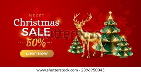 Merry Christmas sale promotion poster banner template - Discount 50% off text and button - festive decoration gold Christmas deer and Christmas tree on red background - vector illustration