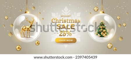 Merry Christmas sale promotion poster banner with christmas tree, deer and 25% off discount in a shiny glass Christmas baubles - vector illustration festive holiday gold color background