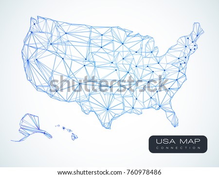 Telecommunication map of USA - abstract technology background - vector illustration - blue lines silhouette of USA map with all states isolated on white background. USA business presentation design