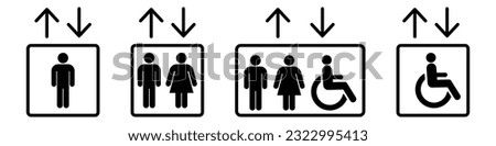 Elevator lift icon man, woman, invalid and arrows up down icons set. Elevator, lift icons. Exit icon