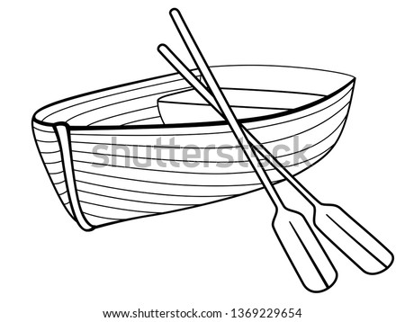 Boat with oars. Rowing boat for romantic walks on the lake or the sea. Lifeboat made of wood. Boat - linear picture for coloring. Outline vector. 
hand drawing