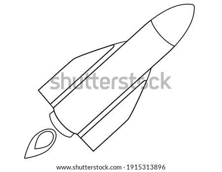Rocket taking off - vector linear illustration with spaceship for logo or coloring. Outline. Rocket take off - icon or sign for identity. Starship for coloring book