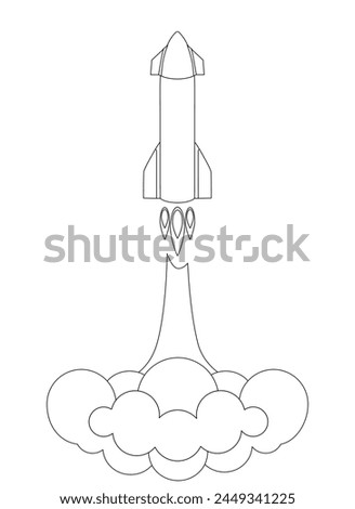 Taking off starship - vector linear picture for coloring. The rocket takes off in a cloud of smoke and dust. Outline. Spaceship - space transport.
