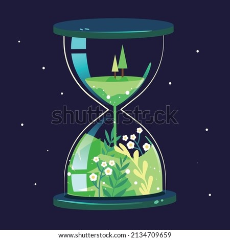 Earth Hour, hourglass with trees and plants inside, low carbon environmental protection, vector illustration