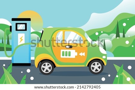 New energy vehicle is charging at a charging pile with mountains and river in the background, vector illustration