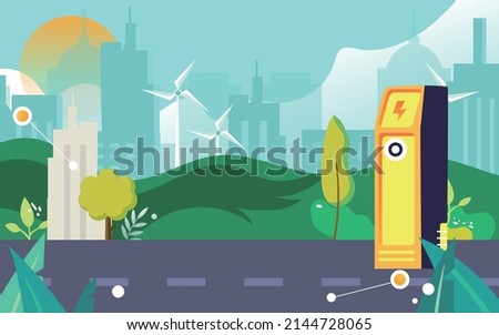 New energy vehicle is charging at charging pile, low carbon life, vector illustration