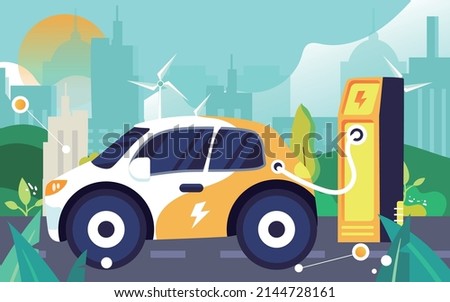 New energy vehicle is charging at charging pile, low carbon life, vector illustration