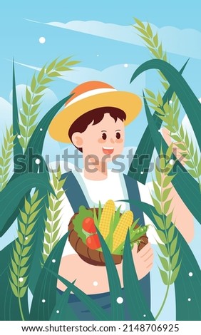Farmer working in a wheat field in summer with wheat in the background, vector illustration