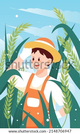 Farmer working in a wheat field in summer with wheat in the background, vector illustration