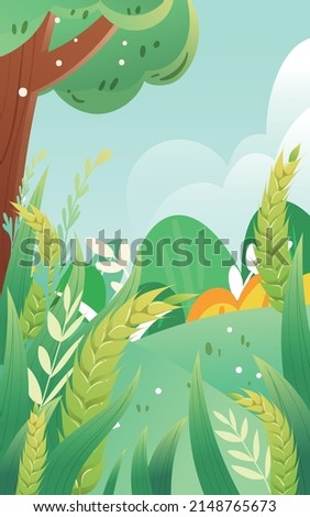 Wheat grows in the farmland with ears of wheat, vector illustration