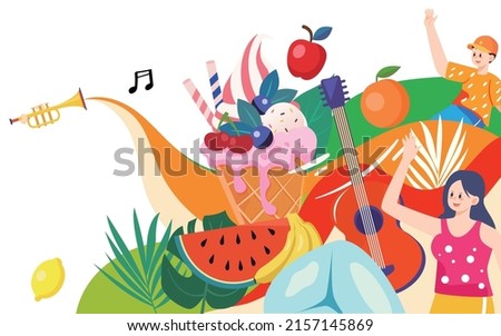 Summer music party, summer food ice cream to cool off the heat, vector illustration