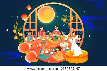 Mid-autumn festival family eating together to celebrate the festival with the moon and clouds in the background, vector illustration