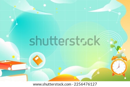 Children go back to school for the new term with books and learning tools in the background, vector illustration