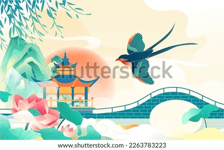 Swallows fly in the sky in spring with mountains and plants in the background, vector illustration