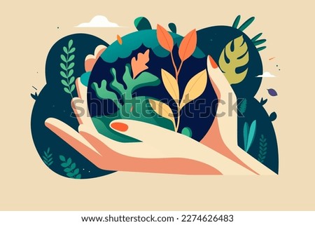 Earth hour, hands holding the globe, with plants and trees in the background, vector illustration