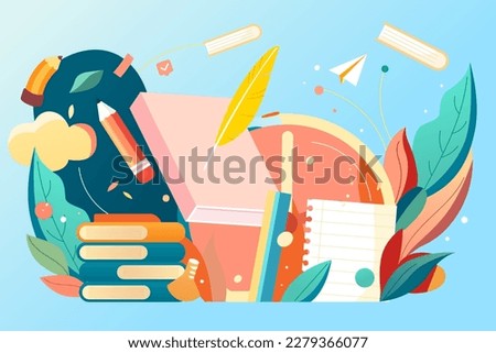 Preschool education for kids with books and pencil stationery in the background, vector illustration