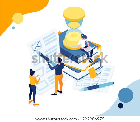 vector illustration business education. graphics design a person solves the tests and passes the exam online, for a certain time on the hourglass. online training, test solution