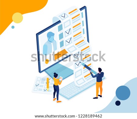 vector business illustration. small people fill out an application form for job. people take test exam. view and fill resume for job vacancy. trendy isometric graphic design paper Filling