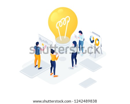 Flat isometric vector business illustration. small people characters develop creative business idea. Isometric big light bulb as metaphor idea. Graphics design for posters, flyers and banners, Landing