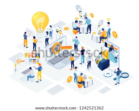 flat isometric vector business illustration. The office of a large company is divided into creative departments, analysts, development, protection, management. vector people cohesive teamwork in the o