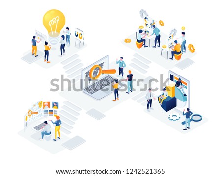 flat isometric vector business illustration. The office of a large company is divided into creative departments, analysts, development, protection, management. vector people cohesive teamwork in the o