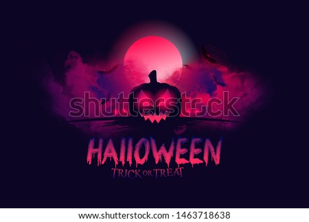 vector mystical illustration. background fog on background bloody moon with silhouettes of scary characters pumpkin, witch, zombie hand. Halloween party graphics design.