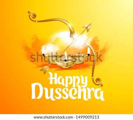 vector illustration. Indian holiday happy dussehra. translation from Marathi: Vijayadashami. design elements for decoration of posters, cards, flyers, covers and sales. Rama's victory over the demonic Stok fotoğraf © 