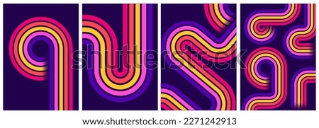 retrofuturism poster design in trend retro line style and neon colors on black dark background. modern art wall poster retro vintage 70s style stripes background template lines shapes vector design Stockfoto © 