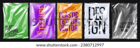 Plastic wrap texture collection, transparent stretched film polyethylene. vector design element graphic rumpled plastic warp. Realistic mockup poster vector set background illustration