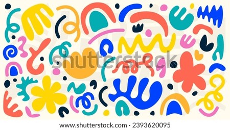 Groovy hand drawn curve modern art collage colorful shapes brutalism aesthetic design background. Naive playful abstract shapes, Vector illustration elements Scandinavian retro 90s cartoon style